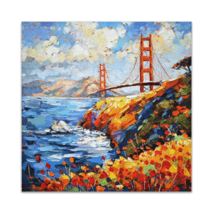 Impressionist oil painting of the Golden Gate Bridge overlooking the ocean, with vivid red, orange, and yellow wildflowers in the foreground and thick textured brushstrokes throughout the landscape.